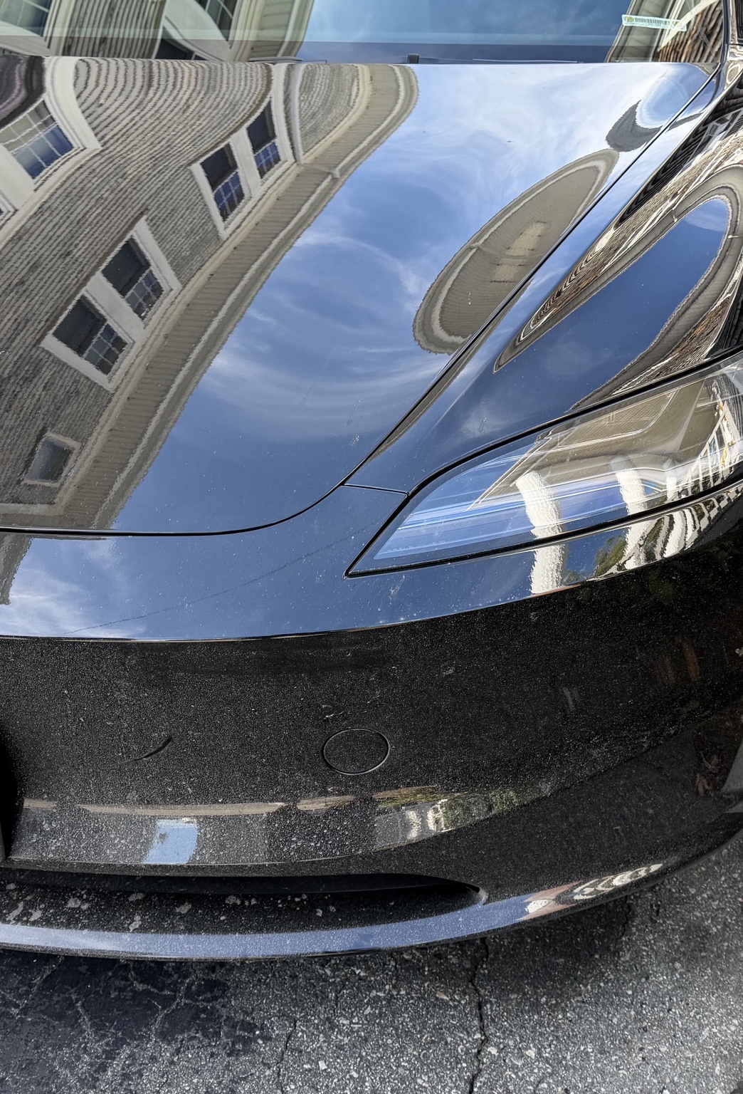 Before detailing: dust and road grime visible on the front of a black vehicle